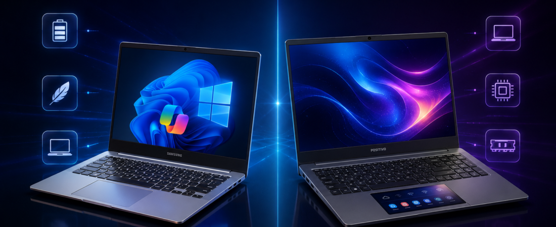 Galaxy Book Go vs Positivo Vision C15M: dois notebooks entre R$ 2.400 e R$ 2.000 — qual faz mais sentido para você?