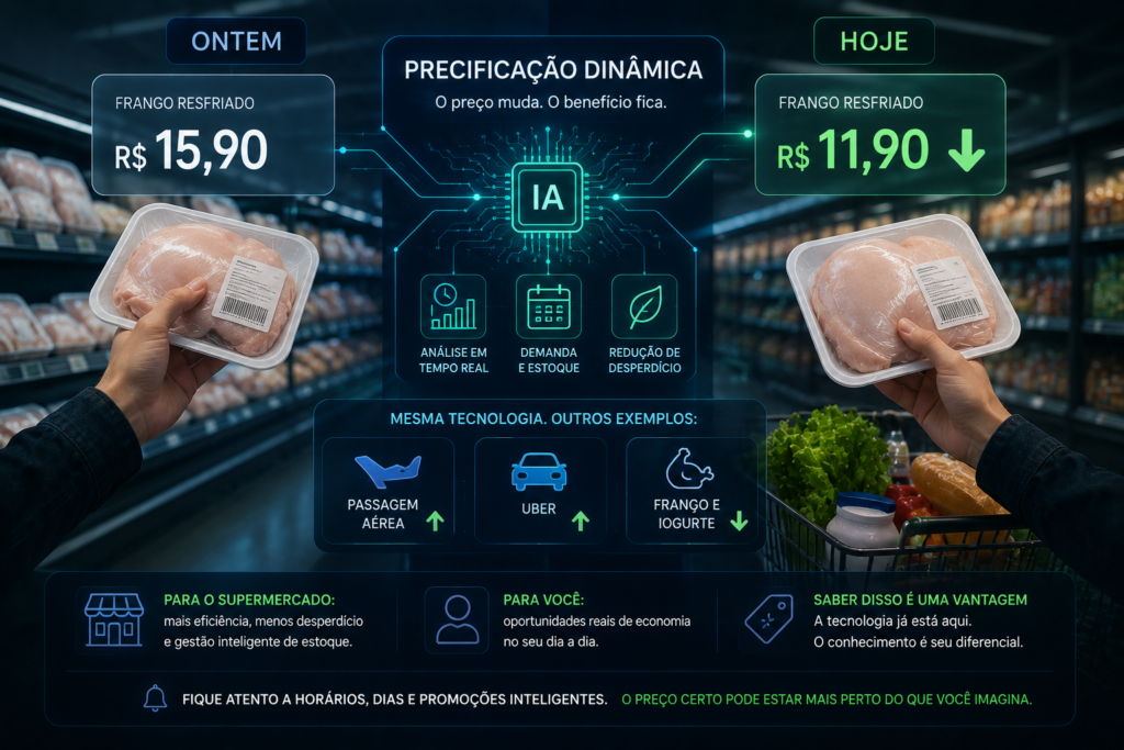 Imagem ilustrativa mostra o impacto da inteligência artificial no varejo moderno por meio da chamada “precificação dinâmica”. A cena retrata um supermercado futurista dividido entre “ontem” e “hoje”, destacando a mudança automática no preço de um produto alimentício. Elementos holográficos exibem gráficos em tempo real, análise de estoque, redução de desperdício e monitoramento de demanda, enquanto a tecnologia ajusta os valores conforme fatores como validade, horário e comportamento de consumo. A arte utiliza tons neon em azul e verde para representar a integração invisível da IA ao cotidiano das compras.
