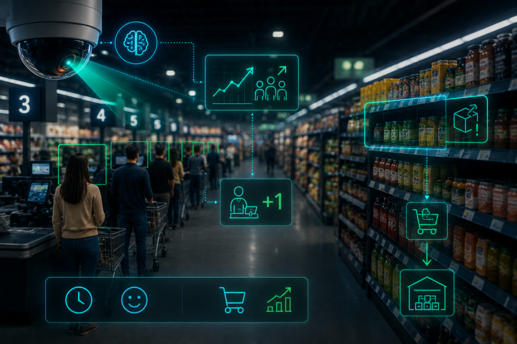 Imagem futurista retrata o uso de inteligência artificial e visão computacional em supermercados modernos. A cena mostra câmeras inteligentes monitorando filas e corredores em tempo real, enquanto interfaces holográficas exibem dados de fluxo de clientes, abertura automática de caixas e alertas de reposição de estoque. Elementos visuais em tons neon verde e ciano representam a automação invisível que otimiza o funcionamento da loja, reduz filas e melhora a experiência de compra do consumidor.