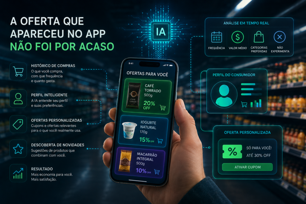 Imagem conceitual retrata o uso de inteligência artificial em aplicativos de supermercado para personalização de ofertas e cupons de desconto. Em destaque, um smartphone exibe promoções direcionadas com base no histórico de compras do consumidor, enquanto interfaces holográficas mostram dados como frequência de consumo, perfil de compras, categorias preferidas e análise em tempo real. A composição utiliza estética futurista em tons neon azul e verde para ilustrar como algoritmos de IA analisam hábitos de consumo e criam ofertas personalizadas de forma automática.