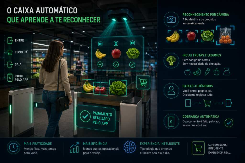 Imagem futurista retrata a evolução dos caixas autônomos em supermercados com o uso de inteligência artificial e visão computacional. A cena mostra uma cliente sendo identificada automaticamente por câmeras inteligentes enquanto produtos como frutas e legumes são reconhecidos sem necessidade de código de barras. Interfaces holográficas exibem dados de pagamento automático, reconhecimento do consumidor e análise em tempo real, ilustrando um ambiente de varejo altamente automatizado. A composição utiliza tons neon verde e ciano para representar a integração entre IA, monitoramento inteligente e experiências de compra sem filas ou interação com caixas tradicionais.