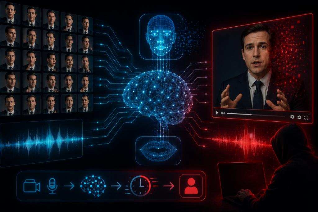 Ilustração futurista mostra como sistemas de inteligência artificial utilizam imagens, vídeos e áudios reais para criar deepfakes altamente convincentes, simulando rostos, vozes e expressões humanas em conteúdos digitais manipulados.