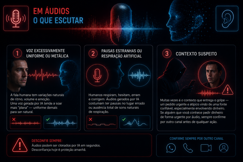 Imagem futurista em estilo cyberpunk ilustra os principais sinais de áudios gerados por inteligência artificial. A composição utiliza elementos holográficos em vermelho e azul para representar análise de voz, padrões sonoros artificiais e golpes digitais. Painéis visuais destacam características como voz excessivamente uniforme, pausas não naturais e pedidos suspeitos enviados por áudio, enquanto formas humanas digitais e ondas sonoras simbolizam a manipulação de identidade por IA. A estética escura e tecnológica reforça o clima de alerta contra fraudes com clonagem de voz e deepfakes em aplicativos de mensagens.