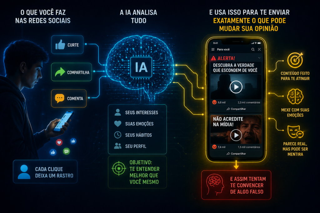 Imagem conceitual mostra como algoritmos de inteligência artificial analisam o comportamento dos usuários nas redes sociais para personalizar conteúdos e influenciar opiniões. A cena retrata um usuário interagindo pelo celular enquanto uma IA central processa curtidas, comentários e compartilhamentos em tempo real. Ao lado, um feed digital exibe conteúdos manipulativos e emocionalmente direcionados, simbolizando o uso de dados pessoais para criar mensagens altamente persuasivas. A estética futurista em azul, amarelo e vermelho reforça o clima de vigilância algorítmica e manipulação digital.