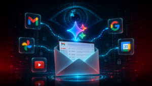 Imagem conceitual em estilo cyberpunk retrata a integração da inteligência artificial Gemini aos serviços do ecossistema Google. No centro da composição, um envelope de e-mail aberto simboliza o Gmail conectado à IA, enquanto ícones holográficos de aplicativos como Fotos, YouTube, Busca e Agenda aparecem interligados por fluxos de dados luminosos. Ao fundo, um olho digital translúcido representa o debate sobre privacidade e vigilância algorítmica, criando uma atmosfera que mistura praticidade tecnológica e preocupação com o monitoramento de dados pessoais.